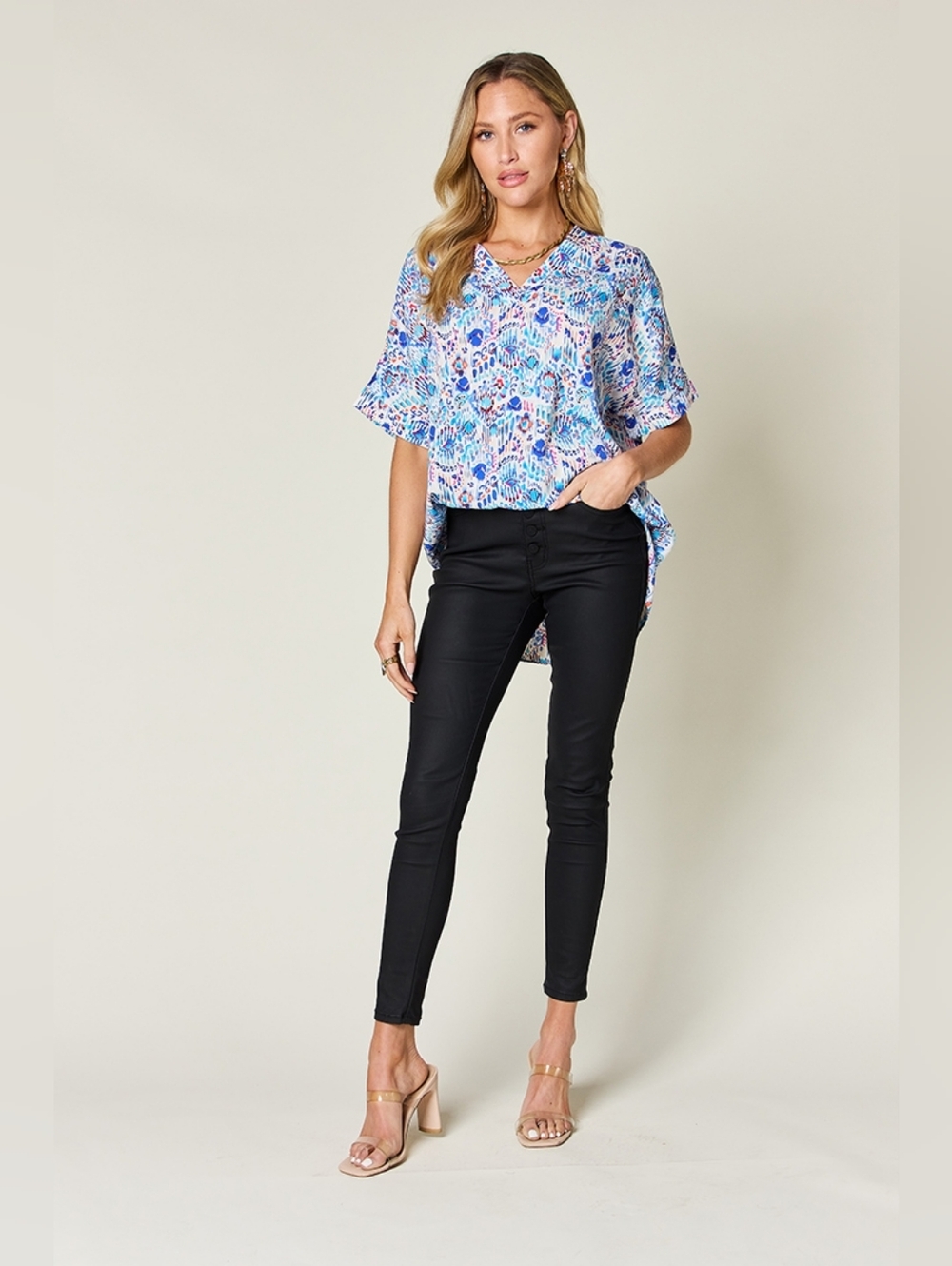 Printed V-Neck Short Sleeve Spring Top in Multi Blue- Plus Size Available - Picture 6 of 9